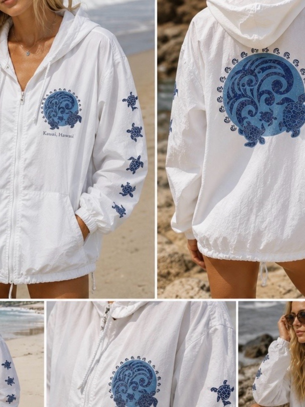 Kauai Hawaii White Hooded Zip-Up Jacket  Blue Turtle Design Sz Small P   Sku 349